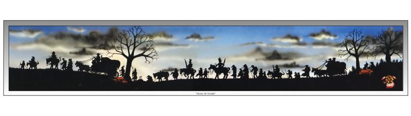 In 1835, the most infamous of the treaties was negotiated at New Echota, Georgia, the Cherokee capital.  By riverboat, wagon andhorseback - but mainly on foot - the Cherokee began their forced exile across the Mississippi.  Over four thousand men, women, and children died on that fateful journey.  The silent graves stretching from the foothills of the Smoky Mountains to their new territory in the West, mark what has come to be known to the Cherokee as the TRAIL OF TEARS.